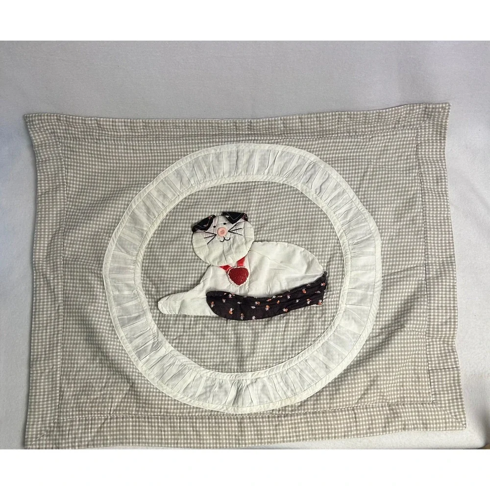 Crazy Cat Lady Handmade Tan Gingham Quilted Cat Ruffle Pillow Sham Cover